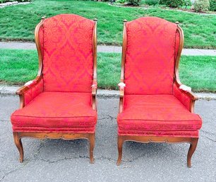 Vintage Red And Gold Upholstered High Back Wing Chairs By Globe Furniture