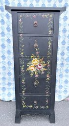 Five Drawer Storage Cupboard With Matte Black Finish Paint Decorated Floral Motif