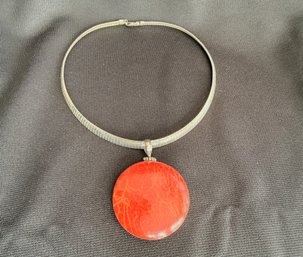 Coral & Mother-of-Pearl Double Sided Pendant On Sterling Silver Torque Chain