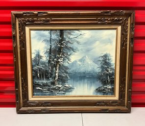 Oil Painting - Winter Scene W/Mountains, Trees, Water - Signed By Artist & Framed. (27.5x23.5) Ref: LM