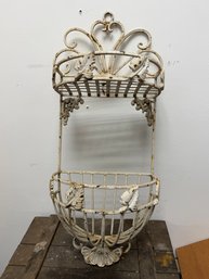 Vintage Two-tiered White Metal Wall Planter Features Ornate Scroll Work And A Destressed Finish