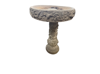 Antique Style Concrete Birdbath Featuring Molded Hummingbird And Flower Designs