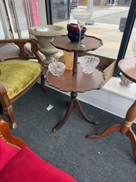 Vintage Mahogany Two-tier Pie Crust Table Or Dumb Waiter Table Featuring Scalloped Edges And Curved Legs