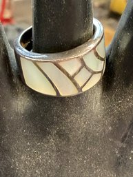 Vintage Zuni Style Native American Jewelry Inlay Ring  Crafted From Sterling Silver And White Mother Of Pearl