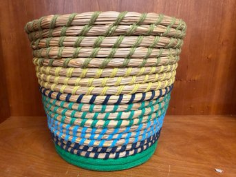 Handmade Coiled Cache-pot Or Basket Featuring Woven Colored Swirls