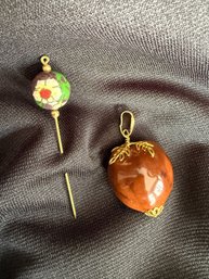 Cloisonne Stick Pin & Carnelian Or Jasper Pendant