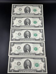 5 2017-A UNC $2.00 Bills In Numeric Order