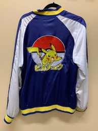 2016 Pokemon Blue Satin Jacket With Embroidered Pikachu In Japanese On Back Pre Owned Condition