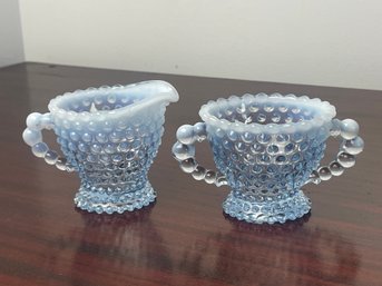 DUNCAN MILLER Hobnail Blue Opalescent, Depression Glass, Open Sugar & Creamer Set