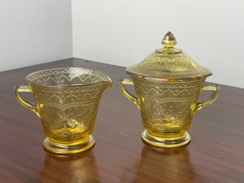 FEDERAL GLASS Patrician Amber Covered Sugar Bowl & Creamer Set, Vintage Depression Glass