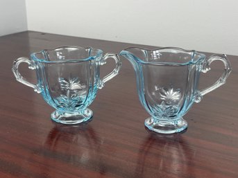 FOSTORIA GLASS Baroque Blue Open Sugar Bowl & Creamer Set, Depression Glass Vintage