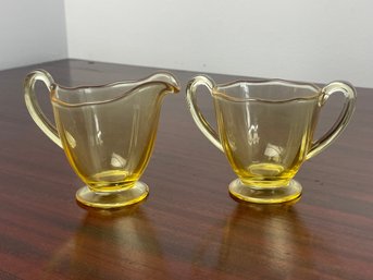 FOSTORIA GLASS Fairfax Topaz (Yellow, Line 2375) Open Sugar Bowl & Creamer Set, Vintage Depression Glass