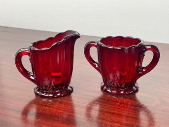 NEW MARTINSVILLE Janice Ruby Red Open Sugar Bowl & Creamer Set, Vintage Depression Glass
