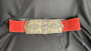 Exceptional 1980s Metal Belt Buckle With Red Suede Belt