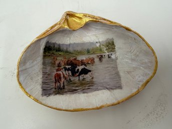 Decorative Decoupage Trinket Dish Made From A Natural Clam Shell Featuring A Painted Scene Of Cows In A River