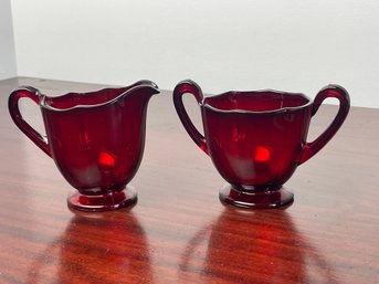 FOSTORIA Fairfax Ruby Red Open Sugar Bowl & Creamer Set, Vintage Depression Glass