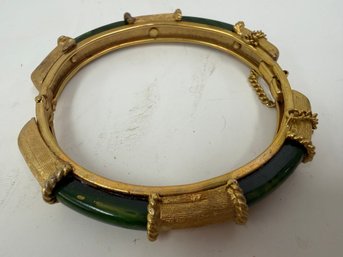 Vintage Gold-tone  And Green Jade Hinged Bangle Bracelet