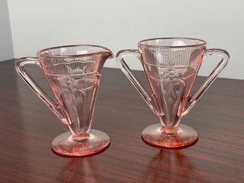 Vintage Pink Depression Glass Open Sugar Bowl & Creamer Set, Art Deco Form & Floral Etchings, Circa 1930s