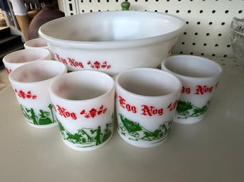 Vintage Hazel Atlas Milk Glass Egg Nog Punch Bowl And Mug Set From The 1950s
