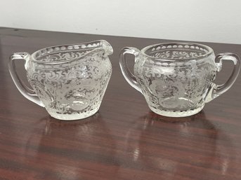 Antique Etched Bohemian Glass Small Sugar Bowl & Creamer Set, Early 1900s