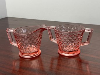 IMPERIAL GLASS Quilted Diamond Pink Open Sugar Bowl & Creamer Set, Circa 1930s