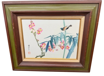 Framed Chinese Style Painting On Silk Depicting A Bird Among Cherry Blossoms And Bamboo