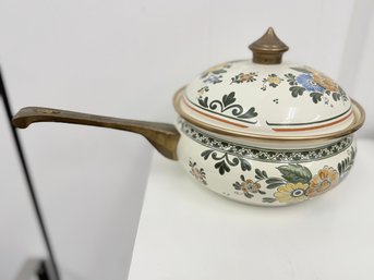 Vintage Enamelware Casserole Pot Made In Germany In An Old Amsterdam Pattern With Brass Handles