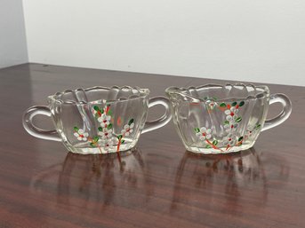 Vintage Enamel Hand Painted Accented Open Sugar Bowl & Creamer Set, Circa 1930s - 1950s