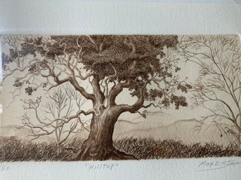 Artist Signed Sketch Or Block Print Titled Hilltop No 16 Of 50 By Max Standley Sepia Tone Old Tree
