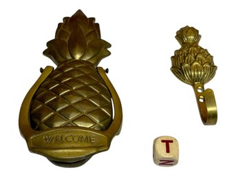 Vintage Brass Pineapple Shaped Door Knocker Paired With A Pineapple Hook
