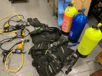 Collection Of Diving Equipment Included 3 Tanks Seaquest Pro Scuba Regulator Assemblies Pressure Gauges