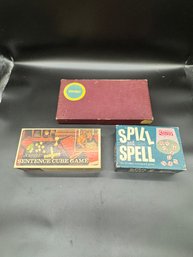 Three Vintage Word And Cube-based Board Games Including Scrabble Sentence Cube Game And Spill And Spell.