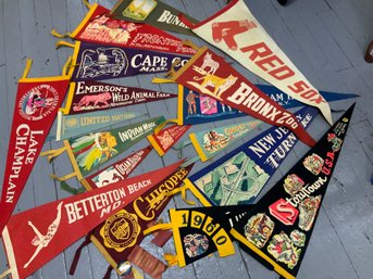 Collection Of 18 Various Vintage 1960s Era Banner Pennants Red Sox Bunker Hill Cape Cod Lake Champlain