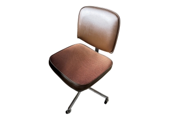 Vintage Mid Century Modern Rolling Office Chair Features A Brown Vinyl Back And An Orange Textured Fabric Seat