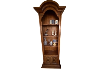 Vintage Wooden Open Display Shelf Unit Featuring A Medium Oak Finish, An Arched Decorative Valance At The Top,