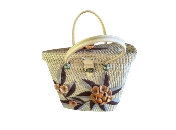 Vintage Woven Straw Basket Purse Features A Structured Trapezoid Design Embellished With Dimensional Straw