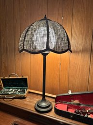 Vintage Table Lamp With Wicker-like Scalloped Lampshade