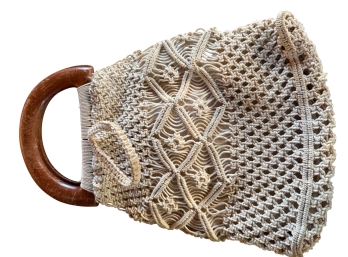 Vintage Handmade Beige Macrame Handbag Featuring An Intricate Geometric Knotted Pattern And Textured Woven