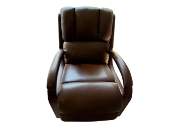 Brown Leather Ergonomic Recliner Featuringcurved Wooden Or Upholstered Armrests