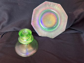 Frosted Uranium Glass Candlestick & Octagonal Iridescent Dish