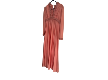 Vintage Peach Or Coral / Pink Long Sleeve Maxi Dress With A Deep V Neckline, An Empire Waist, And Beaded Or