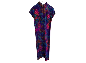 Vintage Purple Qipao Dress Featuring A Vibrant Pink And Blue Floral Psychedelic Print And A Mandarin Collar
