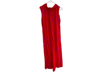 Vintage Pomare Vibrant Red And Pink Sleeveless Maxi Dress Featuring A Gathered High Neckline -made In Hawaii