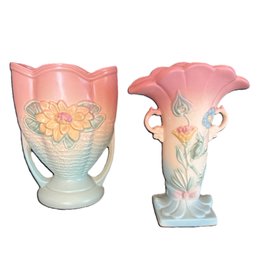Duo Of Hull 8.5' Vases In Pink & Blue