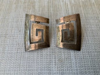 MCM Vintage Modernist Sterling Silver Geometric Greek Key Design Pierced Earrings
