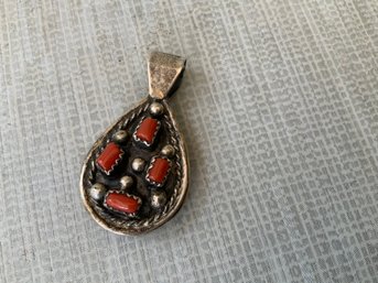 Vintage Artist Signed Sterling Silver Tear Drop Pendant With Red Coral And Turquoise Stones