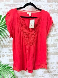 NWT Anthropologie Embroidered Tunic T-Shirt In Pimento Size L $56