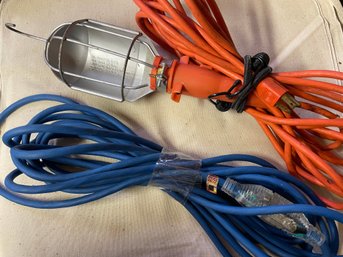 Blue Extension Cord  And Hanging Work Light With Long Orange Cord