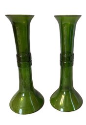 Green Glass Repurposed Wine Bottle Candlesticks