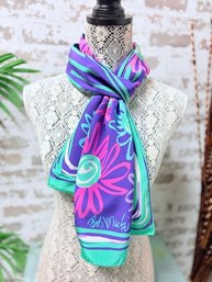 Bob Mackie Wearable Art 100% Silk Purple & Green Flower Power Scarf